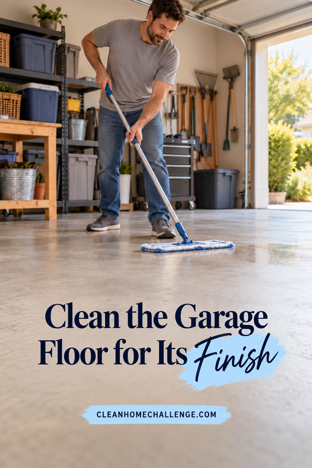 A man uses a blue flat mop on a small damp section of garage floor while nearby shelving and stored items remain dry.