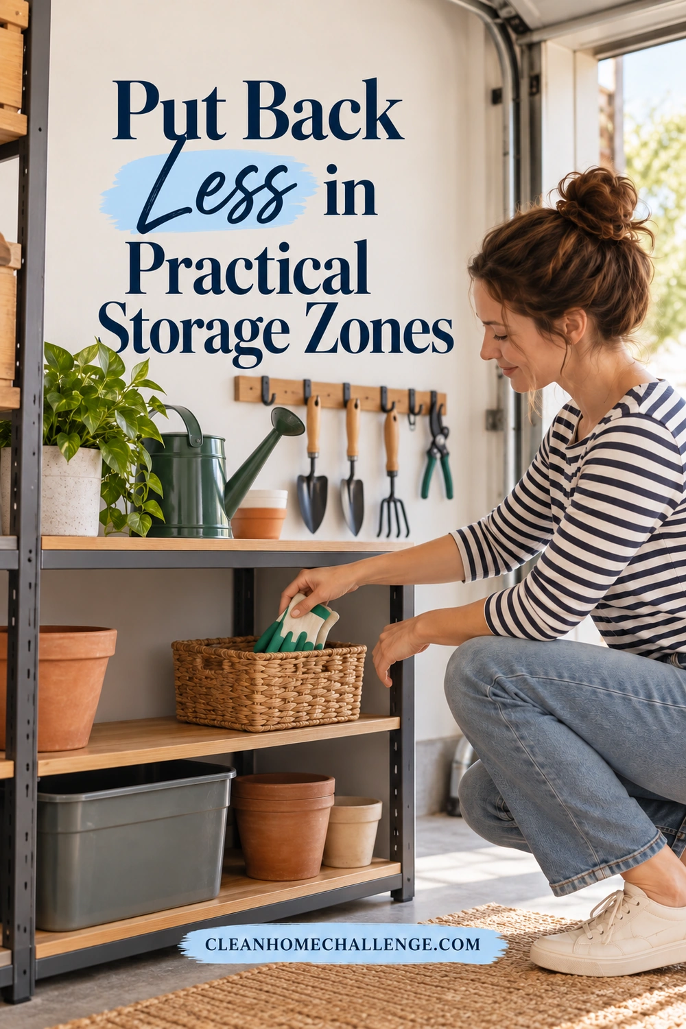 A woman crouches beside a low garage shelf and returns gardening gloves to a woven basket beneath neatly hung hand tools.