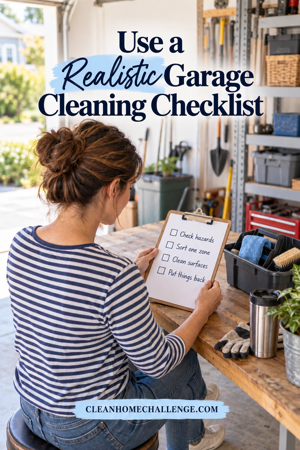 A woman sits at a garage workbench holding a clipboard with four cleaning steps beside a caddy of cloths and brushes.