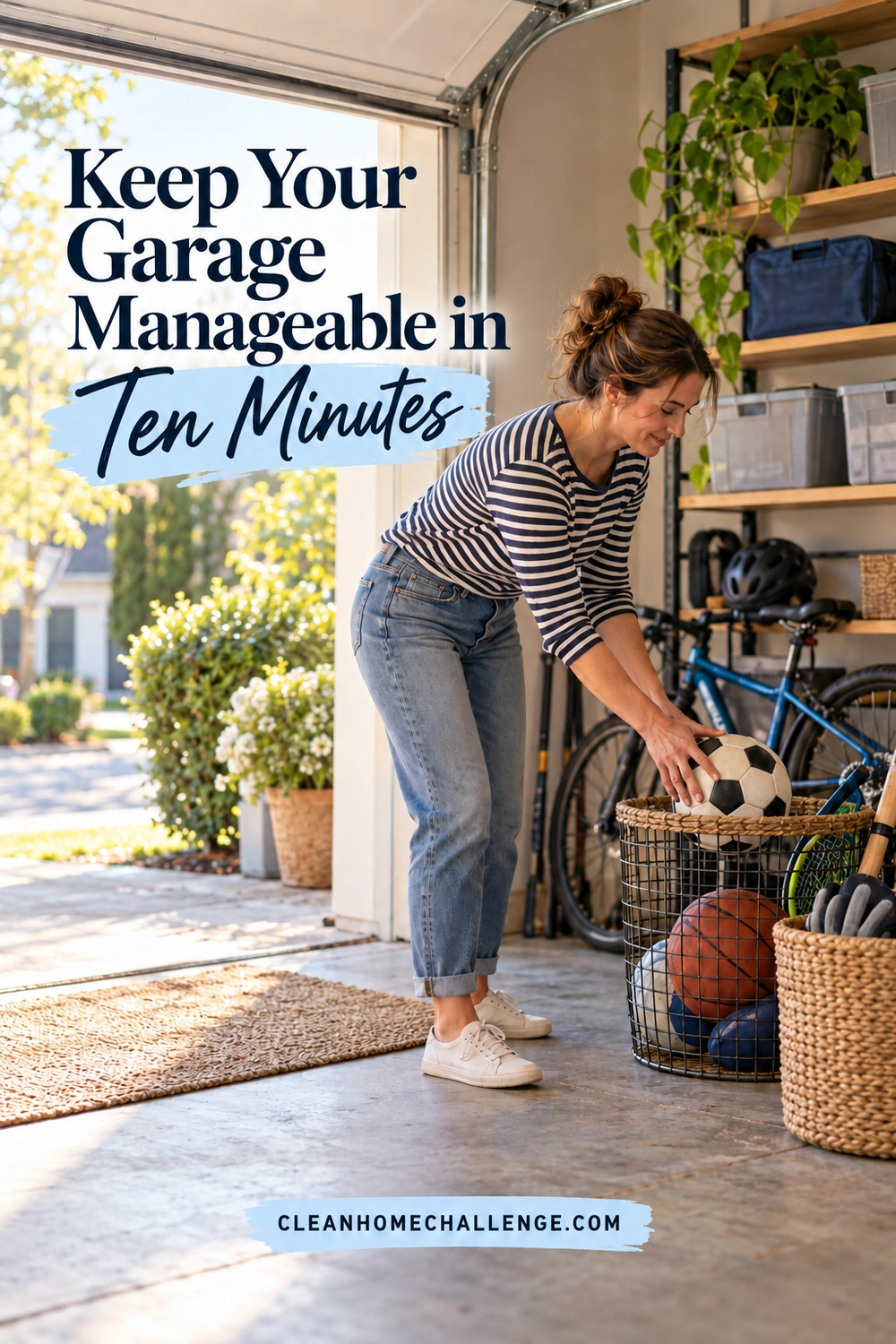 A woman returns a soccer ball to a low sports basket beside a bicycle and a clear garage entrance.