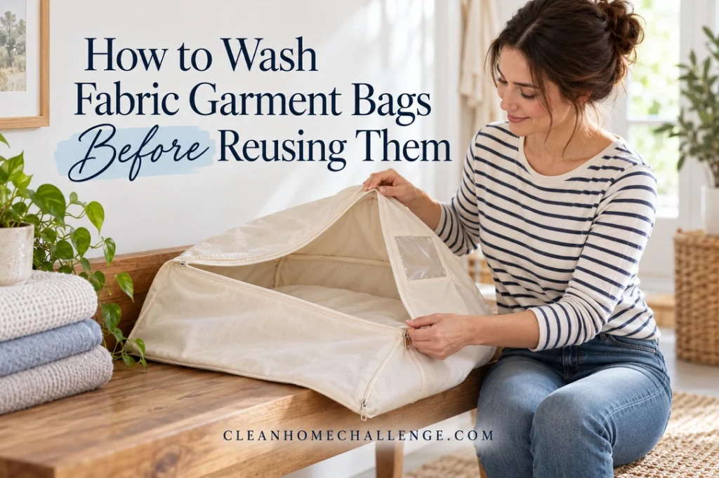 A woman opens an empty cream fabric garment cover on a wooden laundry bench.