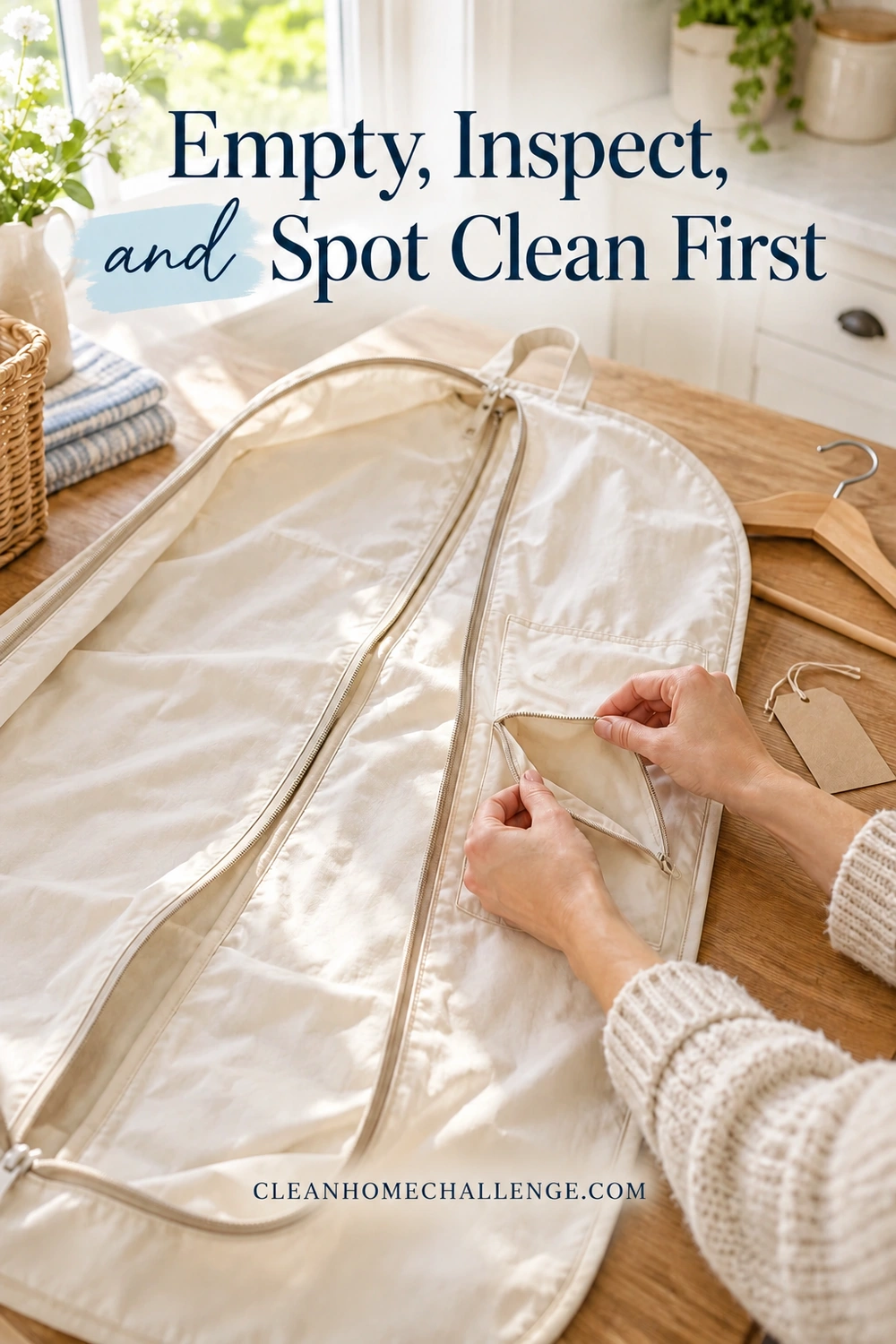 Hands open a small pocket on a cream garment cover laid flat beside a wooden hanger and blank tags.