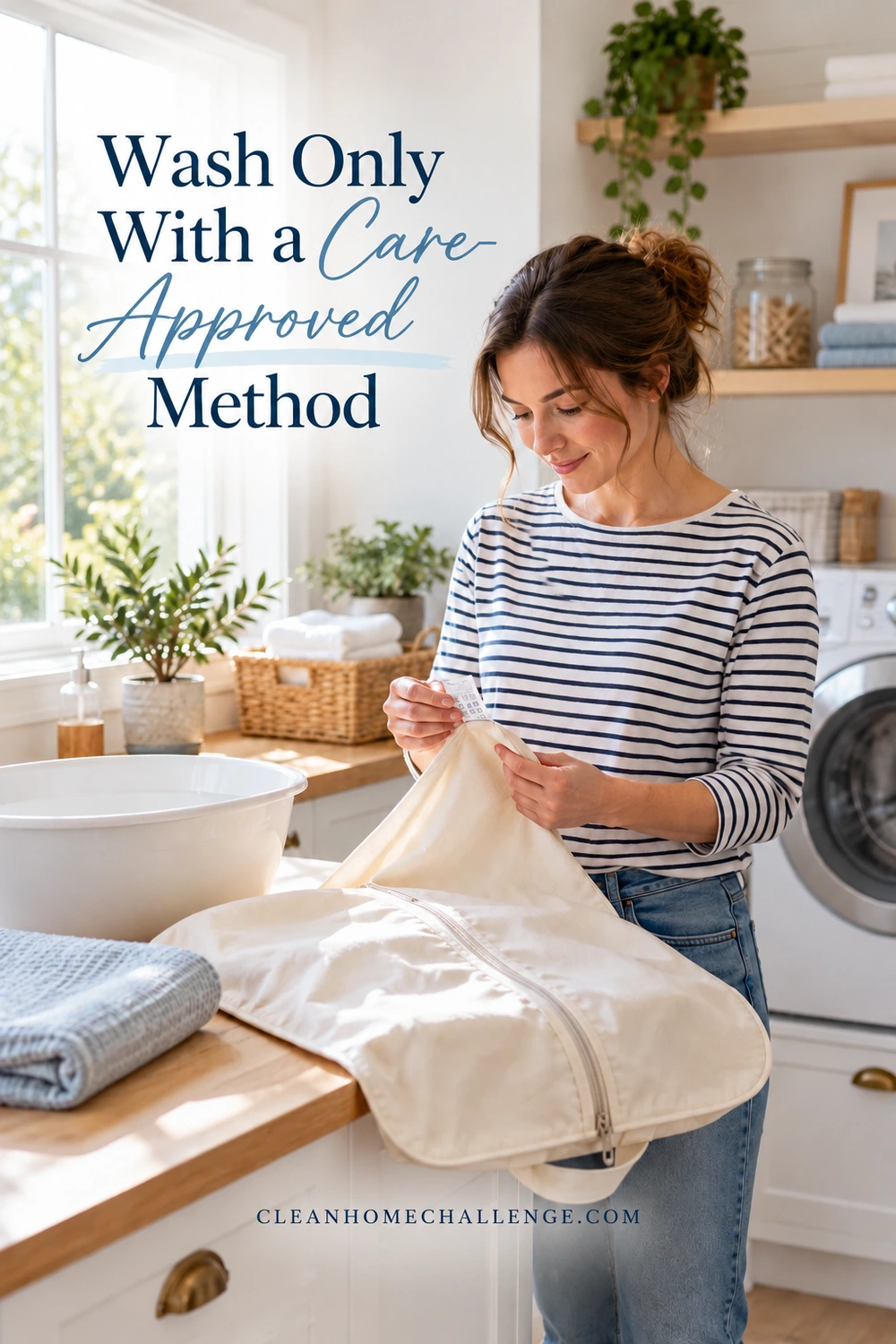 A woman reads the care label of a cream garment cover beside an empty white laundry basin.