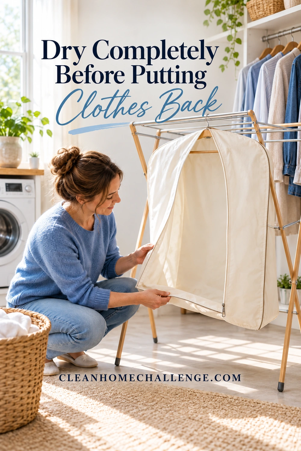 A woman checks the lower seam of an open garment cover hanging on a drying rack.