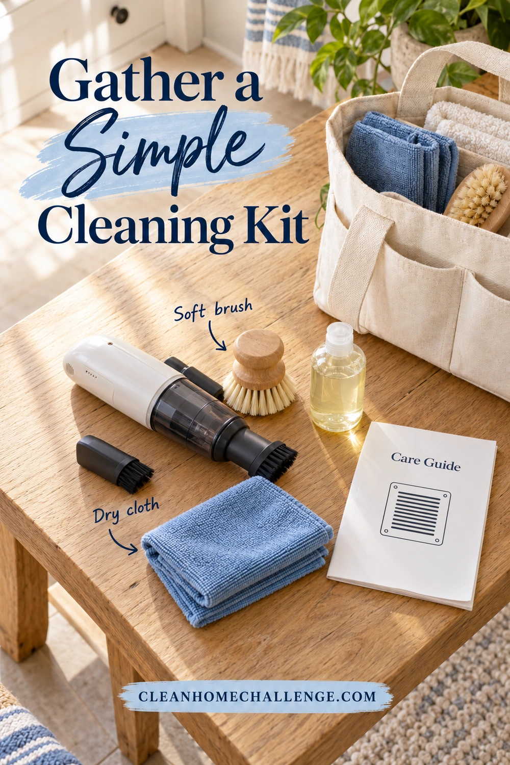 A vacuum brush, soft brush, blue cloth, unbranded soap bottle, and care guide are arranged on a wooden bench beside an open cleaning tote.