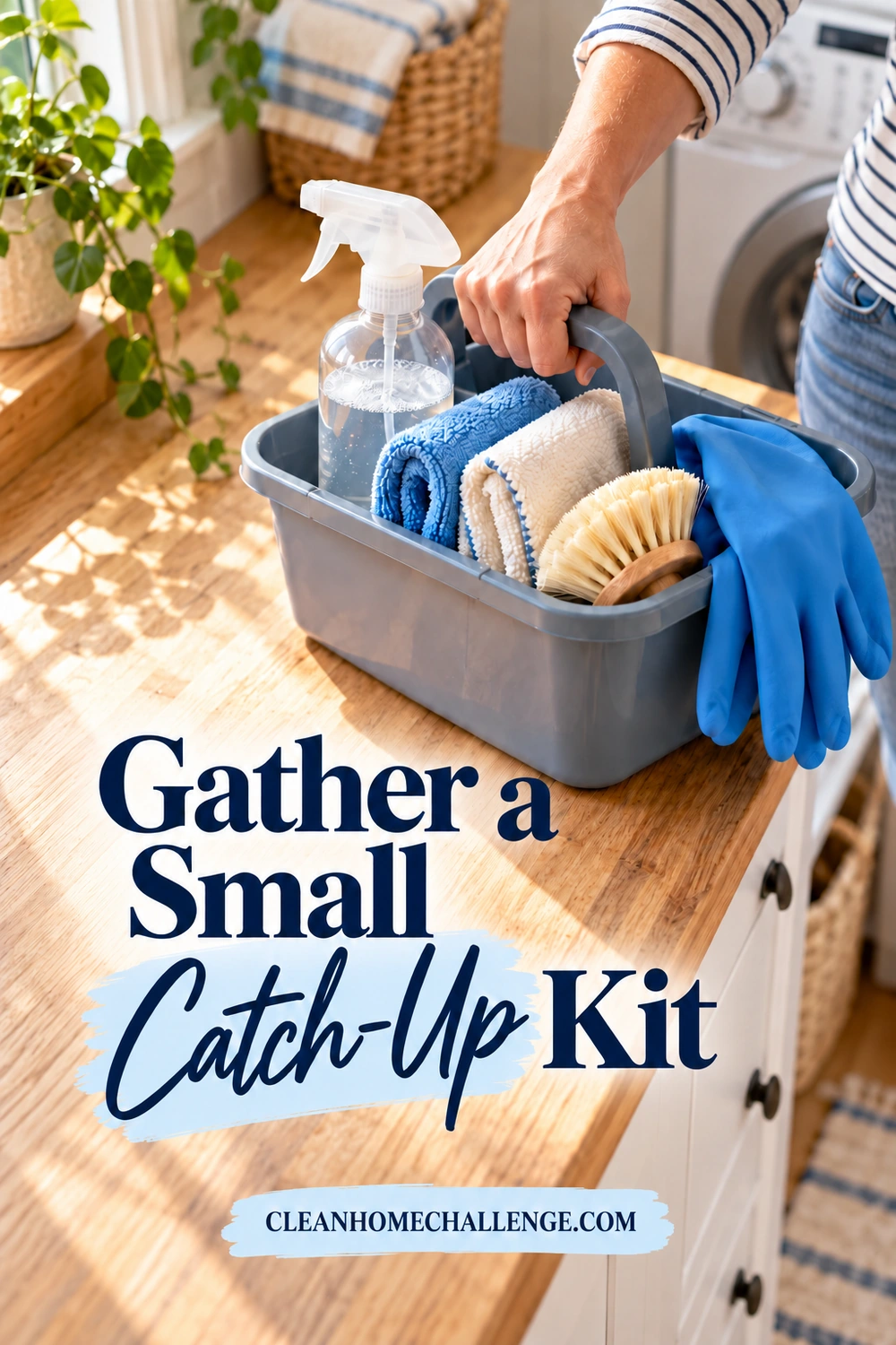 A hand grips a compact cleaning caddy containing a spray bottle, blue and cream cloths, a brush, and reusable gloves.