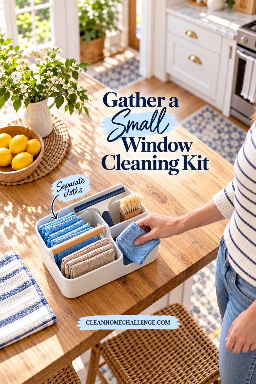 A hand adds a blue cloth to a small caddy on a wooden counter beside separate blue and tan cloths and window cleaning tools.