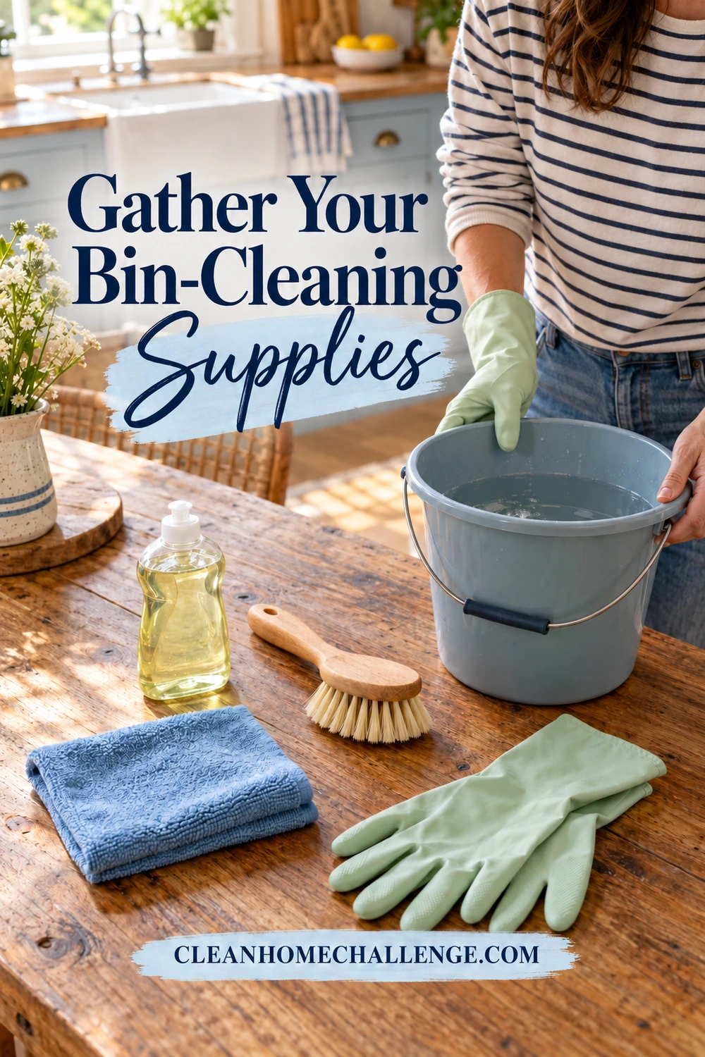 Dish soap, a soft brush, folded cloths, gloves, and a small bucket sit on a kitchen worktable.