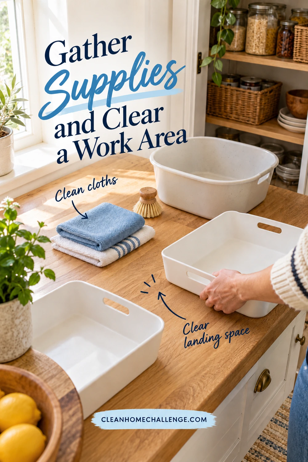 A hand moves an empty sorting tray on an oak kitchen counter beside folded cloths, a basin, a soft brush, and an open pantry.