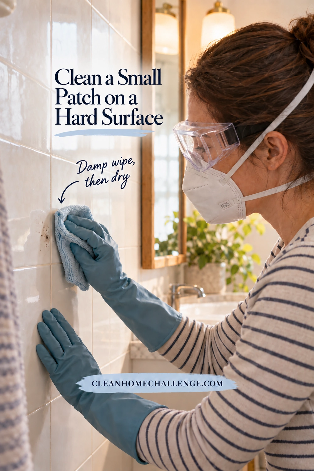 A woman in a head-strap N95 respirator, closed goggles and long gloves over sleeves gently wipes a tiny dark-speckled patch on a glazed bathroom tile with a folded damp cloth.