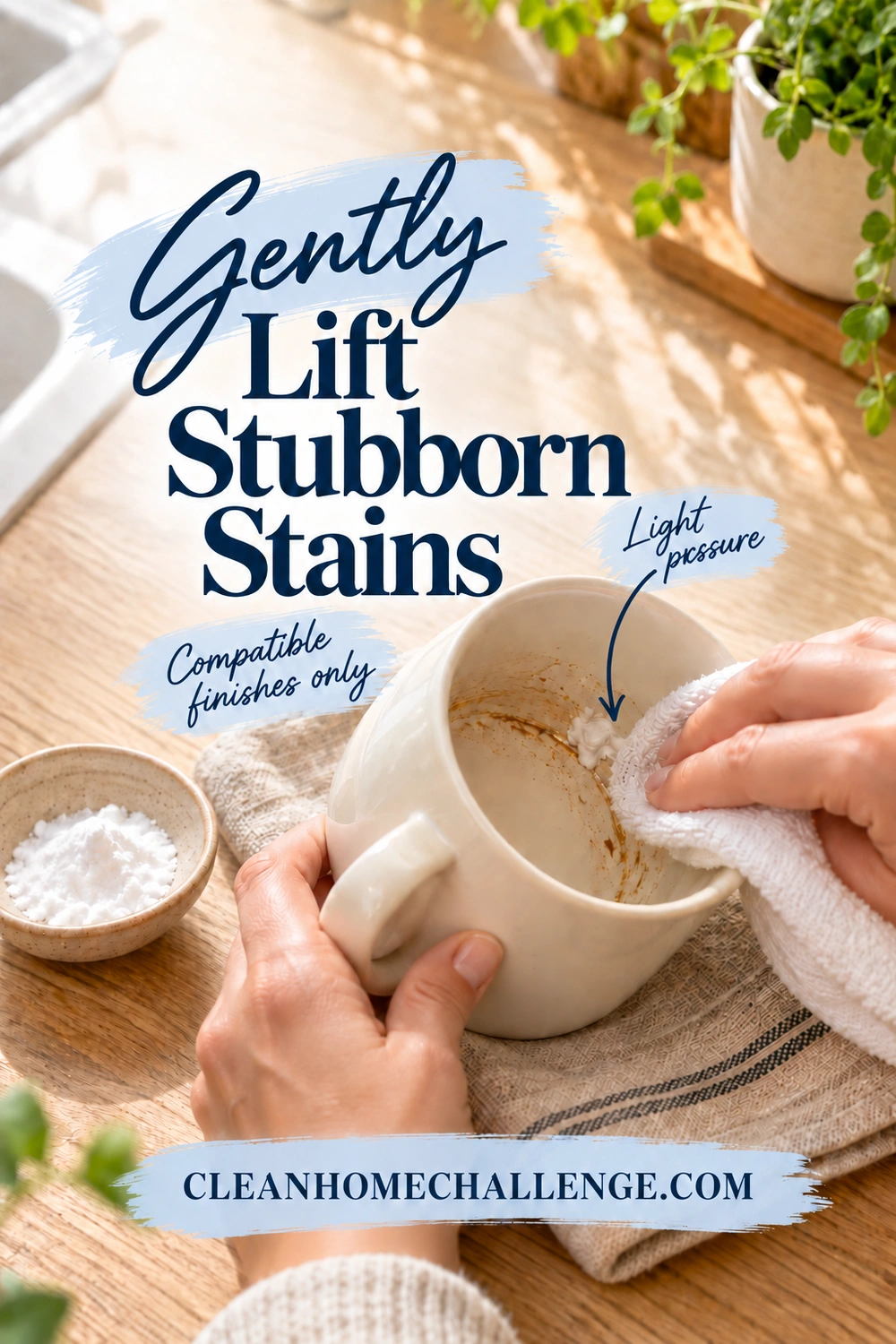 Hands gently wipe a small stained area inside an undecorated ceramic mug with a soft cloth and a little white paste, beside a small bowl of baking soda.