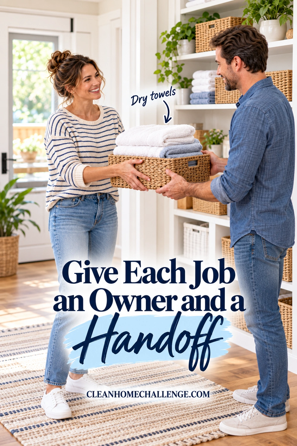 Two adults pass a basket of dry folded towels in a laundry room.