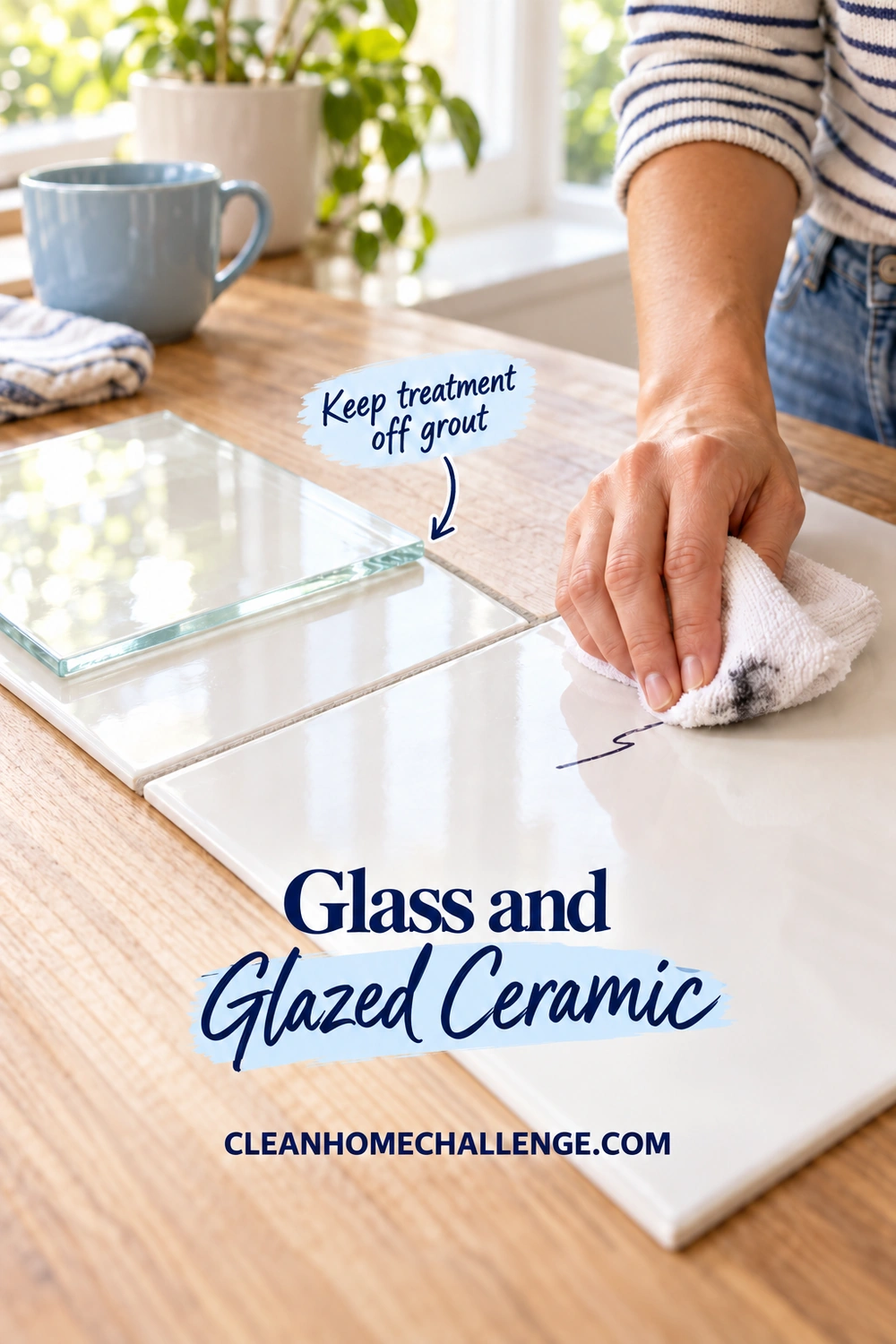 A hand wipes a small ink line on a glossy white tile beside a plain glass sample; an arrow identifies the nearby grout seam.