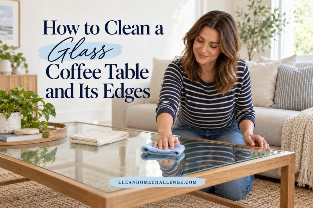 A woman gently wipes a wood-framed glass coffee table with a blue microfiber cloth while a separate ivory cloth rests nearby.