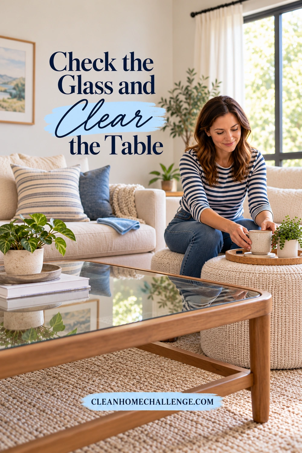 A woman moves a mug onto a tray on an ottoman beside an intact glass coffee table before cleaning.