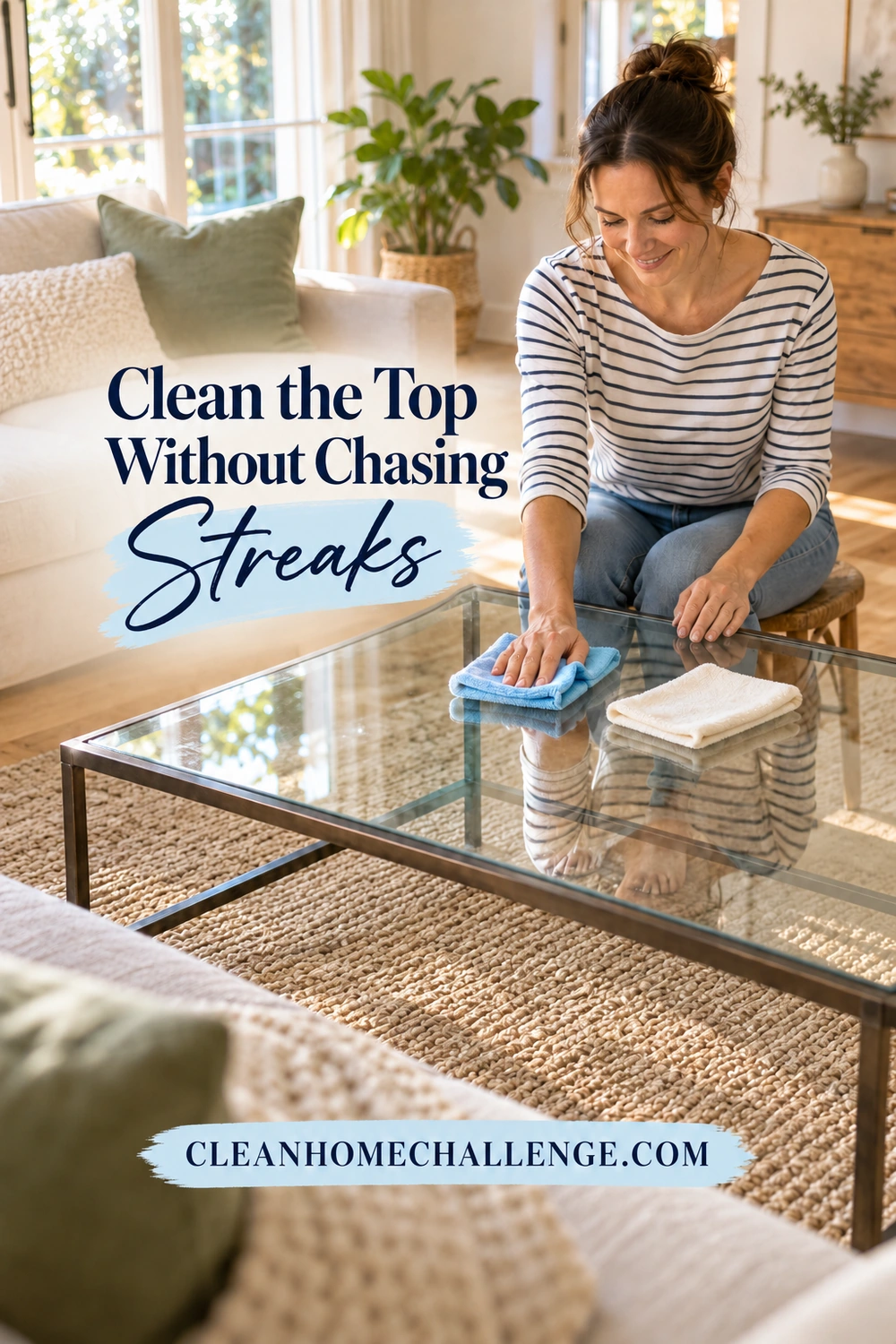 A woman wipes the top of a metal-framed glass coffee table with a blue microfiber cloth, with a separate ivory cloth ready beside it.