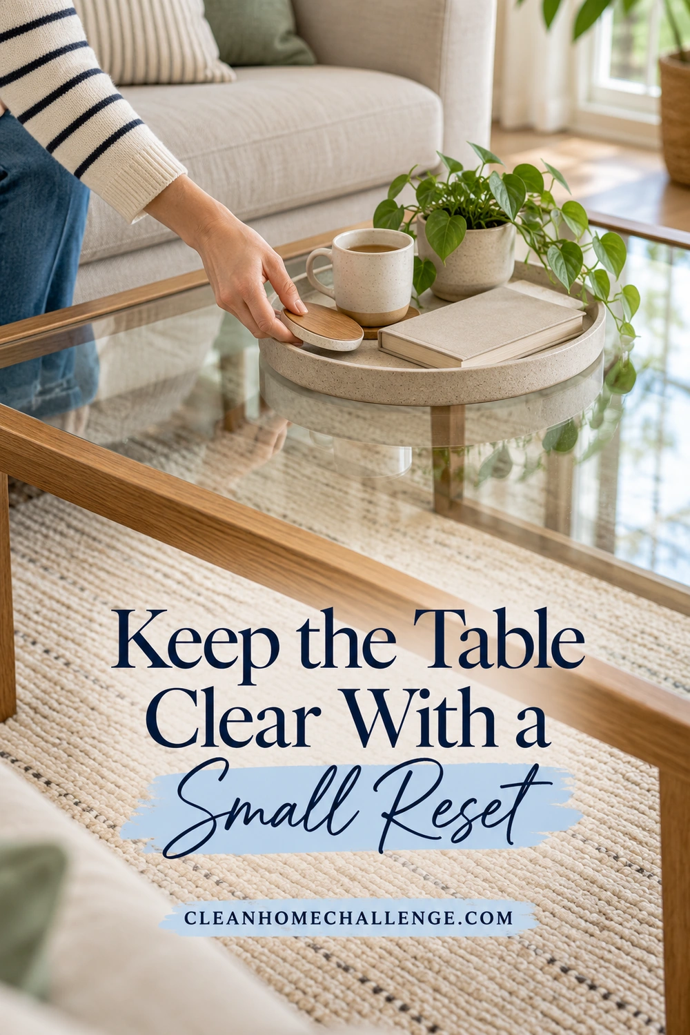 A hand returns a coaster to a small tray holding a mug, book and plant on a clear glass coffee table.