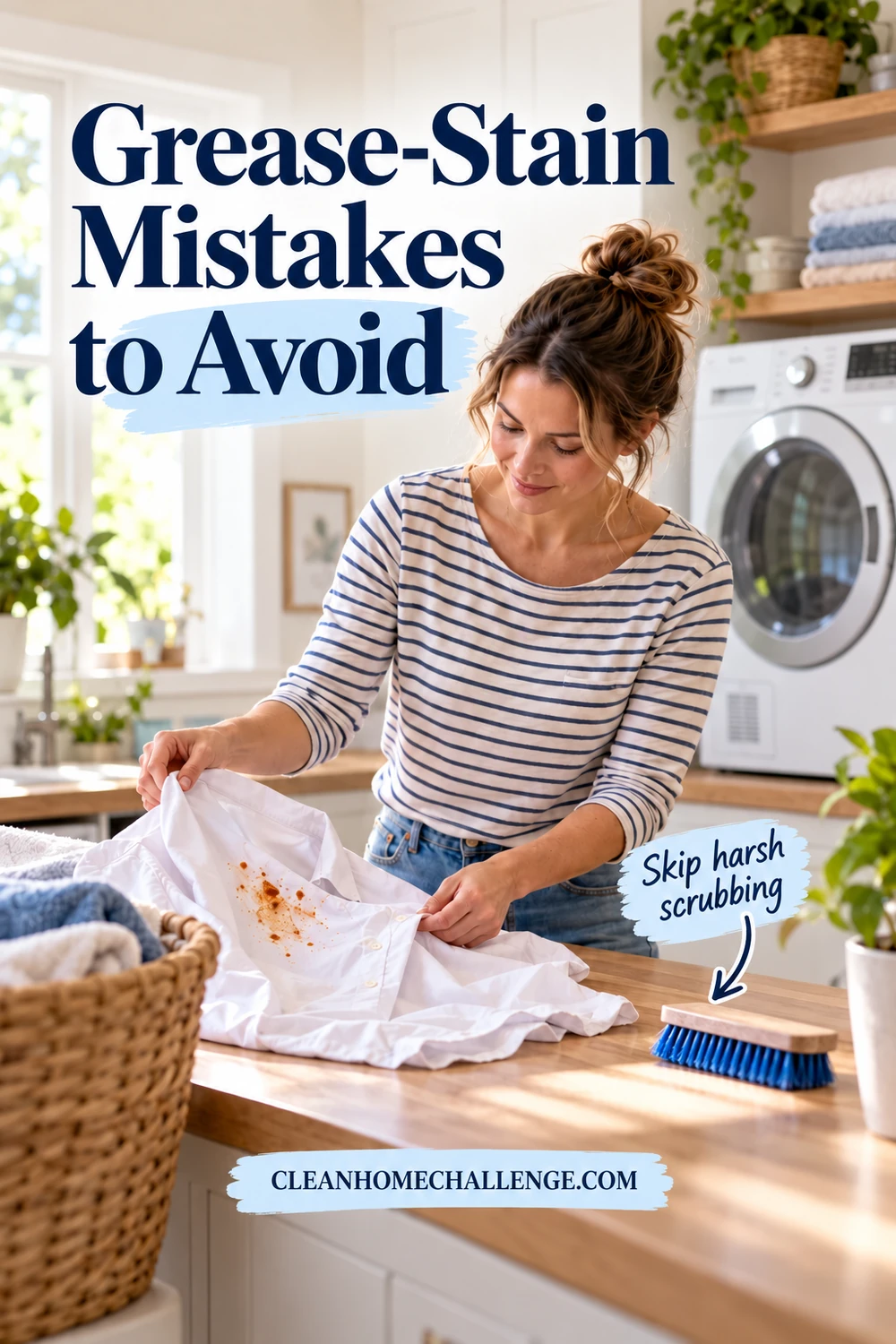 A woman holds a white shirt with orange food marks over a laundry counter while a blue-bristled scrubbing brush sits unused nearby.