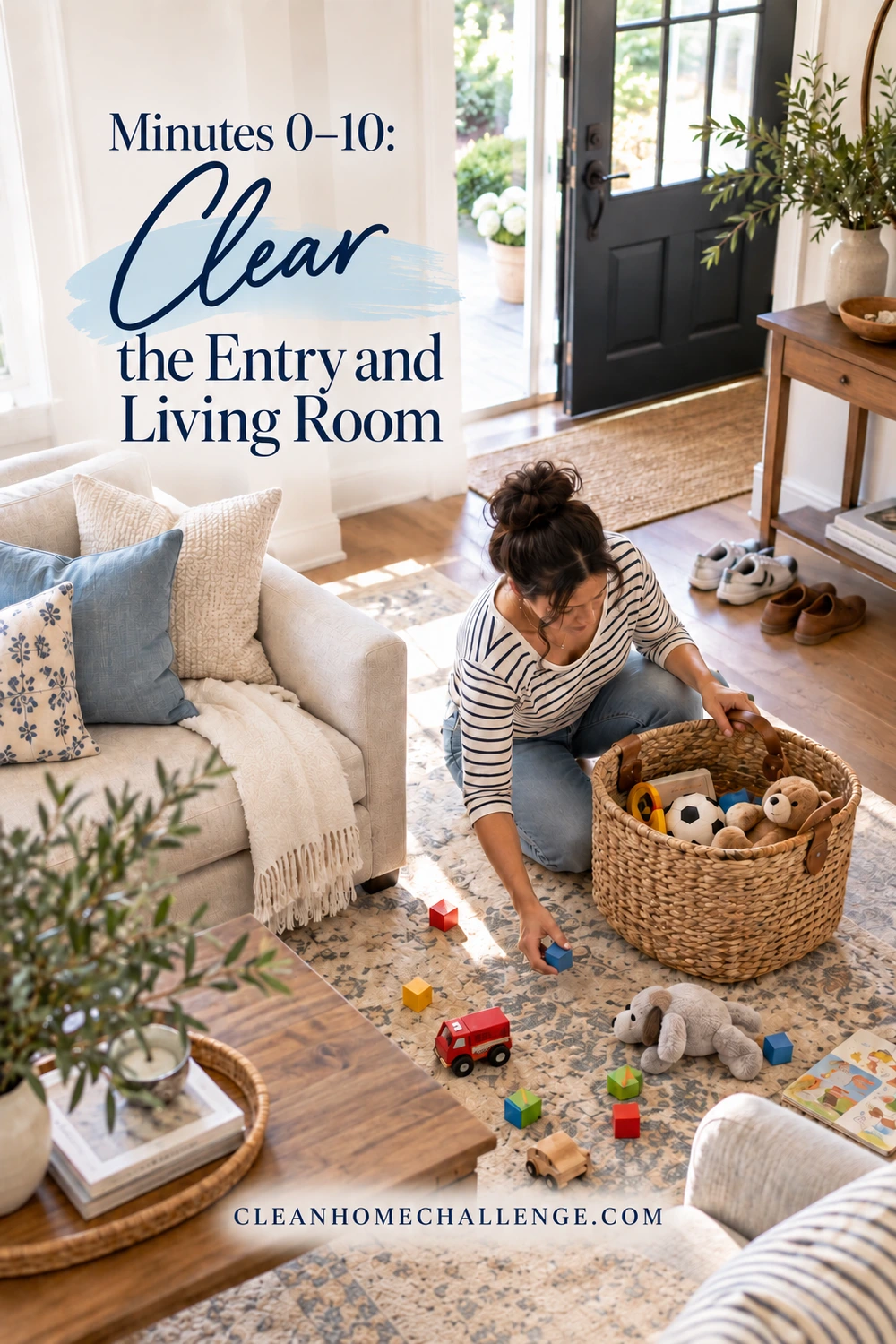 A woman collects scattered toys into a wicker basket between a sofa and an entryway shoe bench.