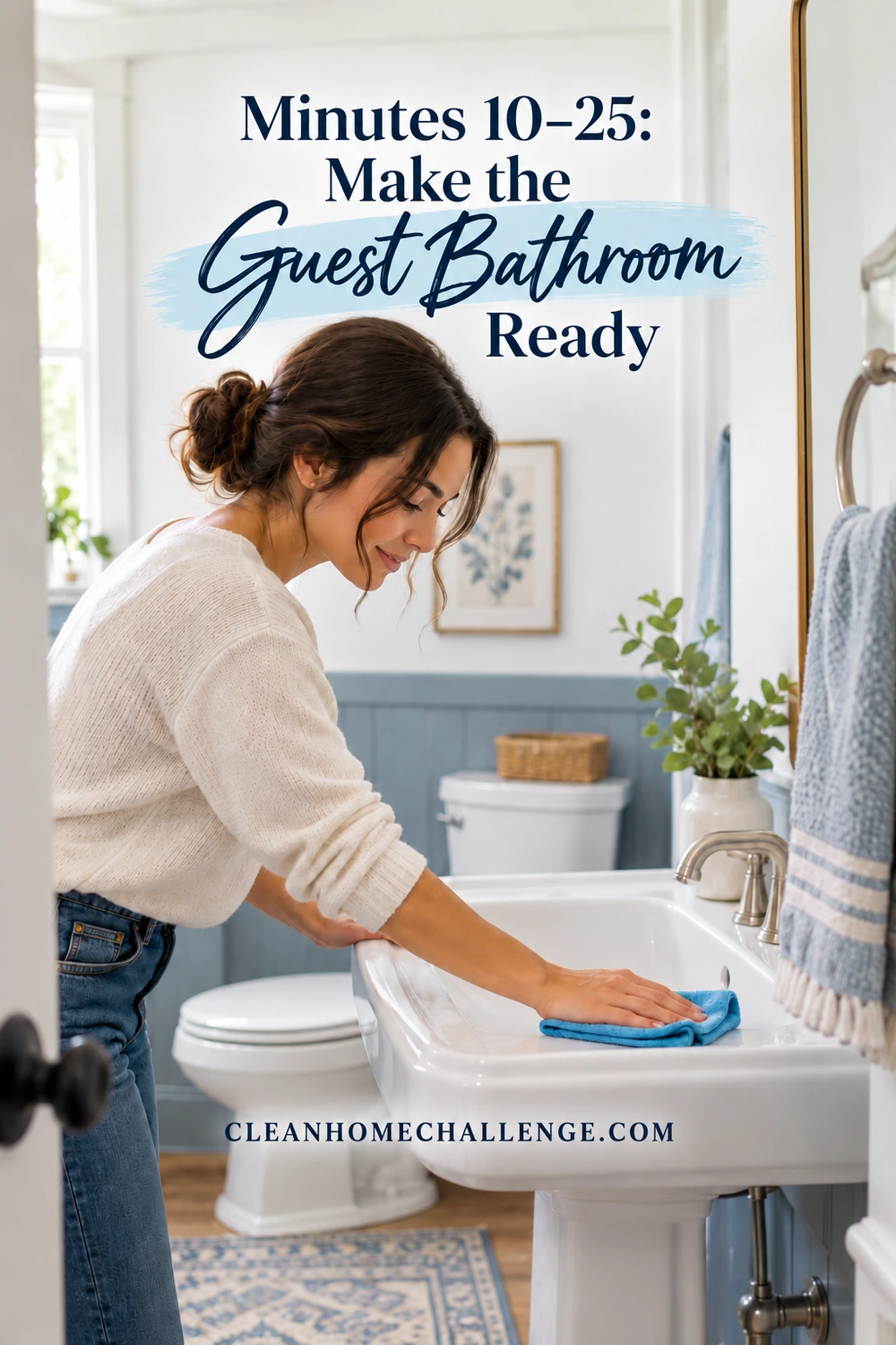 A woman wipes a white bathroom sink with a blue cloth beside a clean hand towel and toilet.