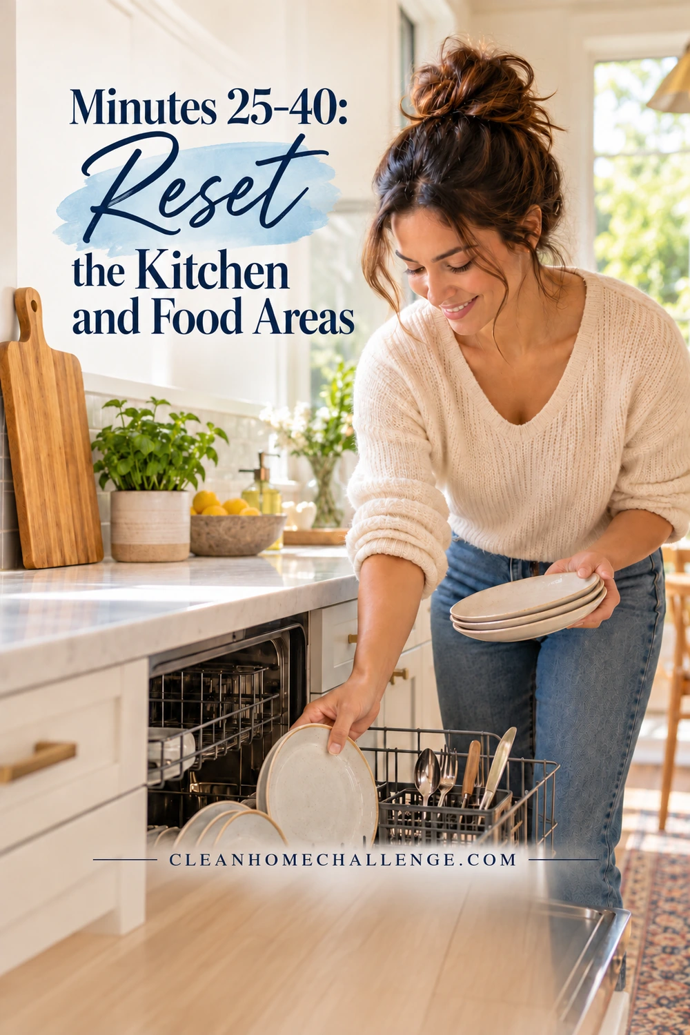 A woman loads white plates into a dishwasher beneath a clear kitchen counter.