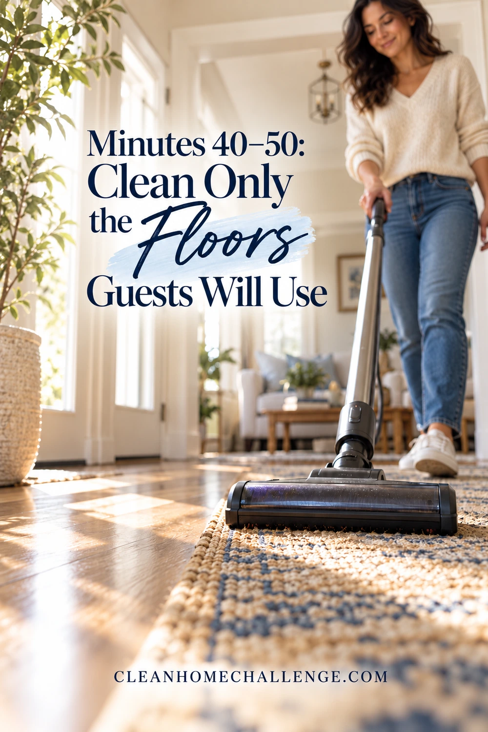 A low view of a vacuum head cleaning an entry rug beside a clear wood-floor walkway.
