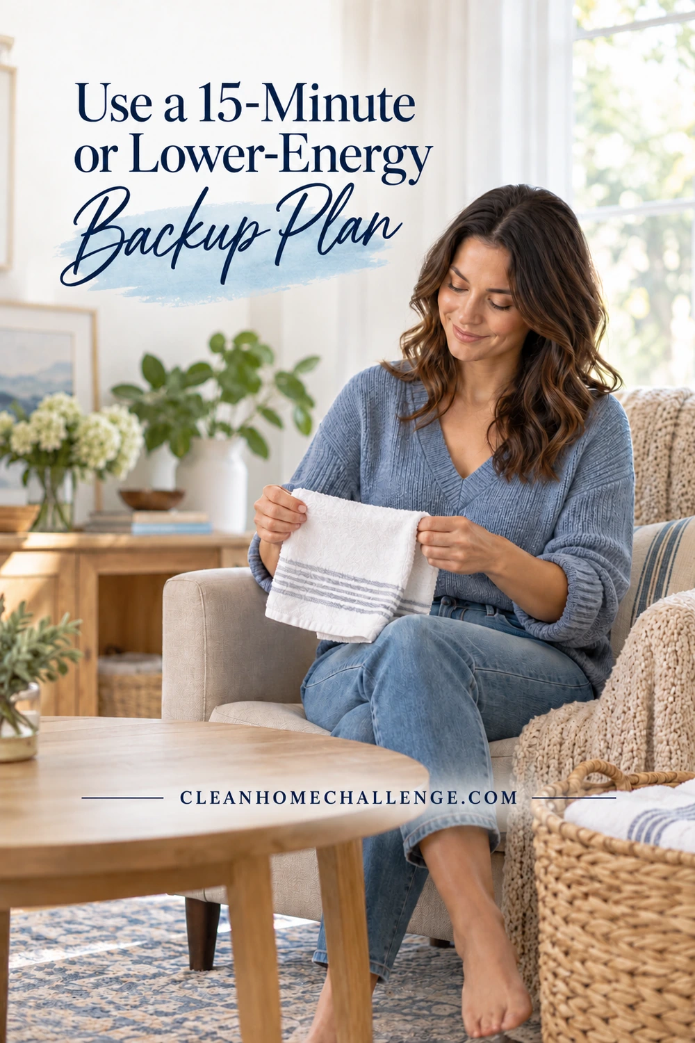 A seated woman folds a small clean towel beside a basket of towels and a clear table.