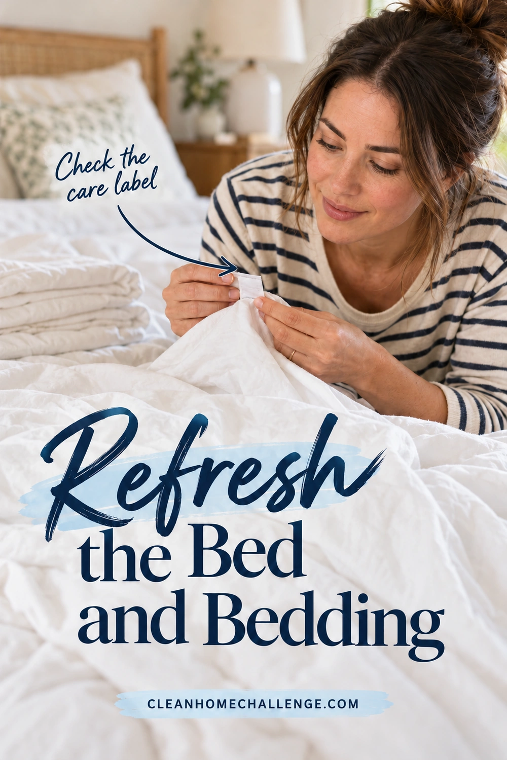 A woman checks the sewn-in care tag on white bedding beside a stack of freshly folded sheets.