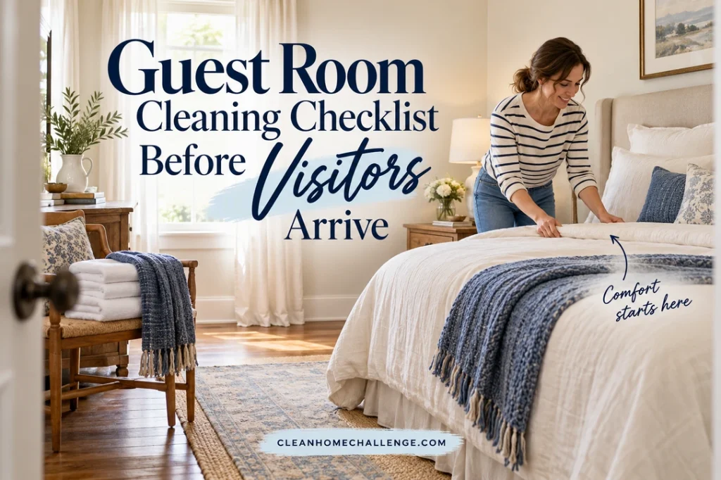 A woman in a striped shirt smooths cream bedding in a guest room, with folded towels and a blue throw on a wooden chair beside the clear walking route.