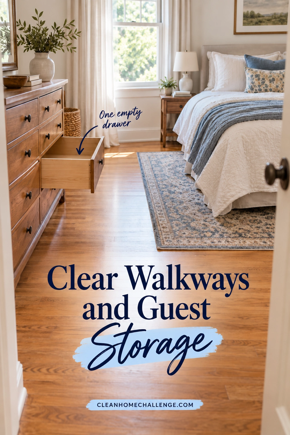 A guest bedroom with a clear hardwood walking route beside the bed and one open, empty dresser drawer.