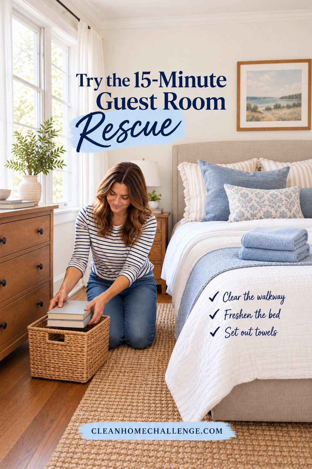 A woman puts two books into a basket beside a guest bed, with a short checklist for clearing the walkway, freshening the bed and setting out towels.