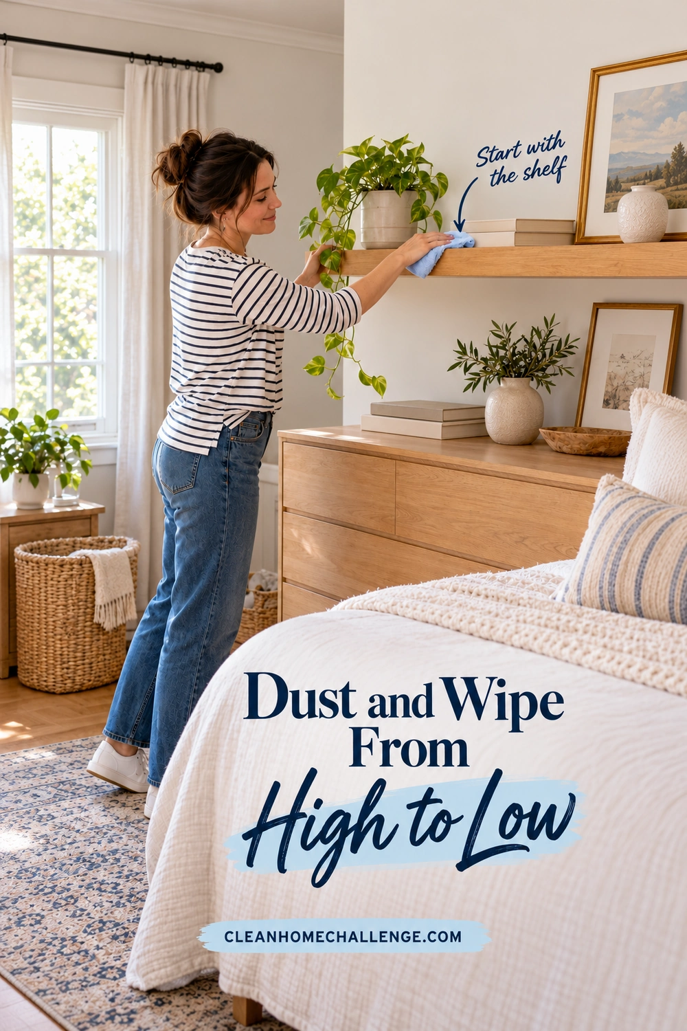 A woman wipes a reachable wooden shelf with a blue microfiber cloth above a guest-room dresser.