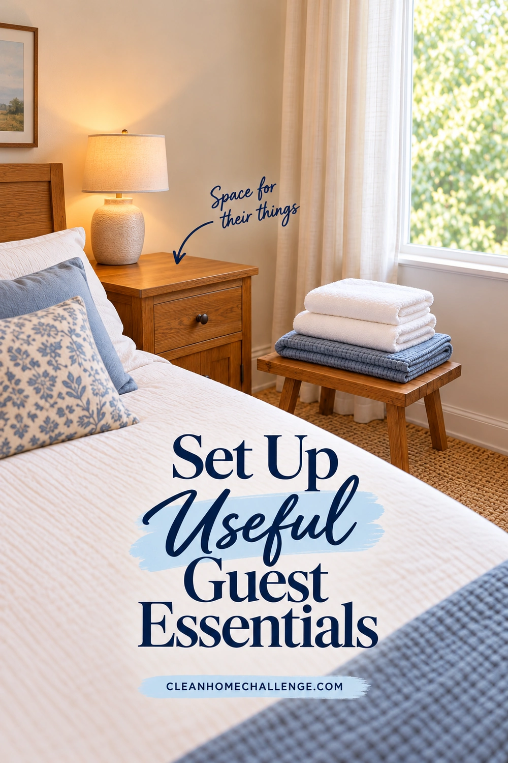 Folded white towels and a blue spare blanket sit on a wooden stool beside a guest bed and a mostly clear nightstand.