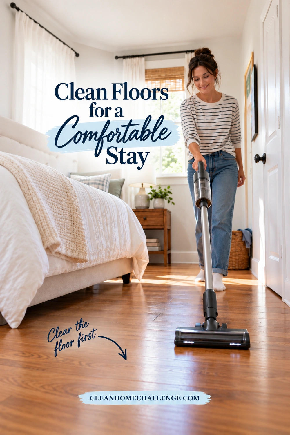 A woman vacuums a clear, dry hardwood floor beside a guest bed with a plain cordless floor vacuum.