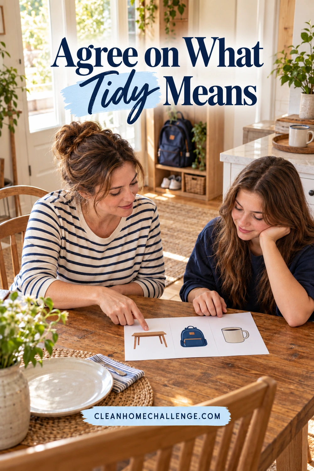 An adult woman and a teenage girl review a sheet with pictures of a table, backpack, and mug at a wooden kitchen table.