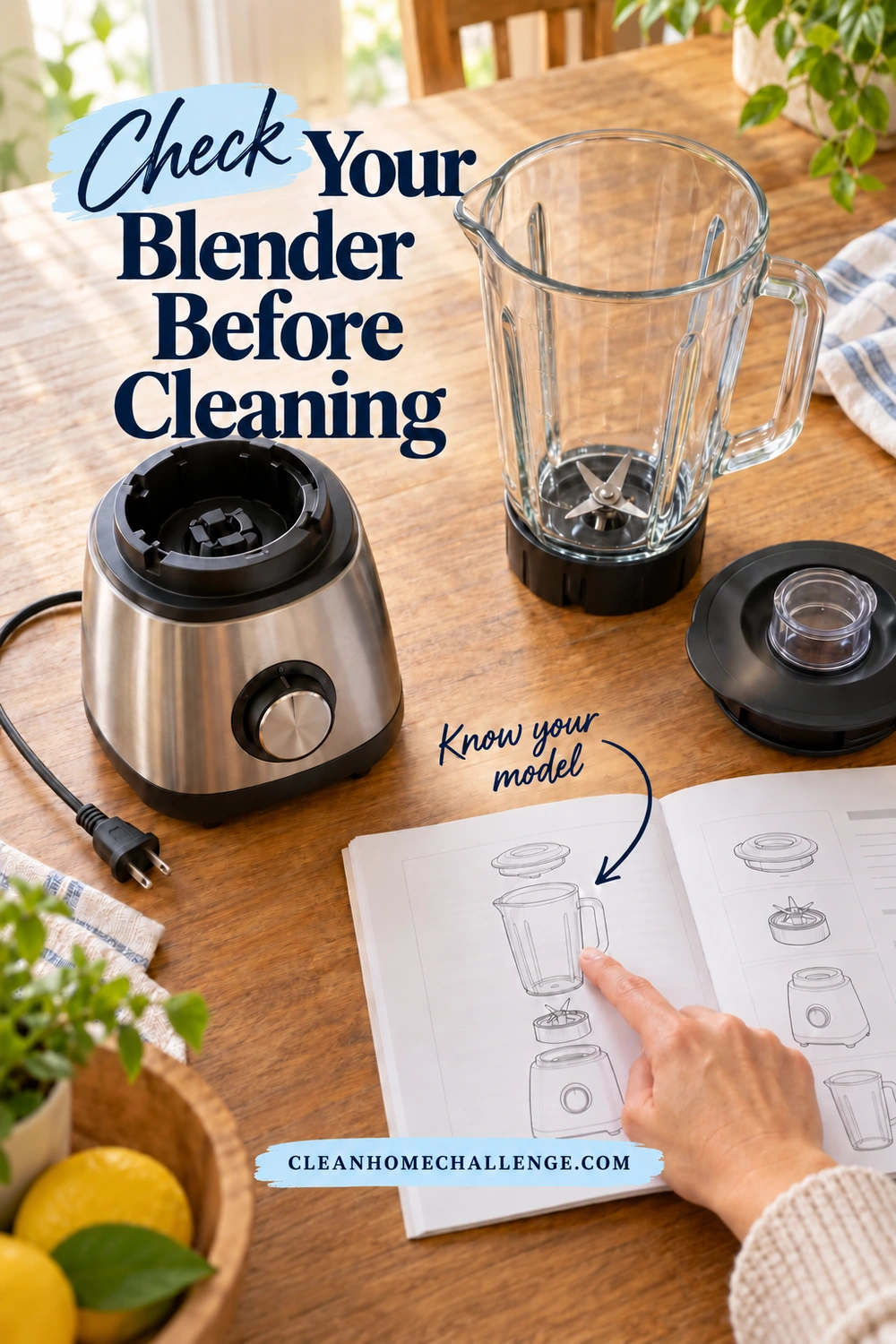 An adult points at a blender instruction booklet beside an unplugged motor base, a detached jug, a lid, and cloths on a wooden table.