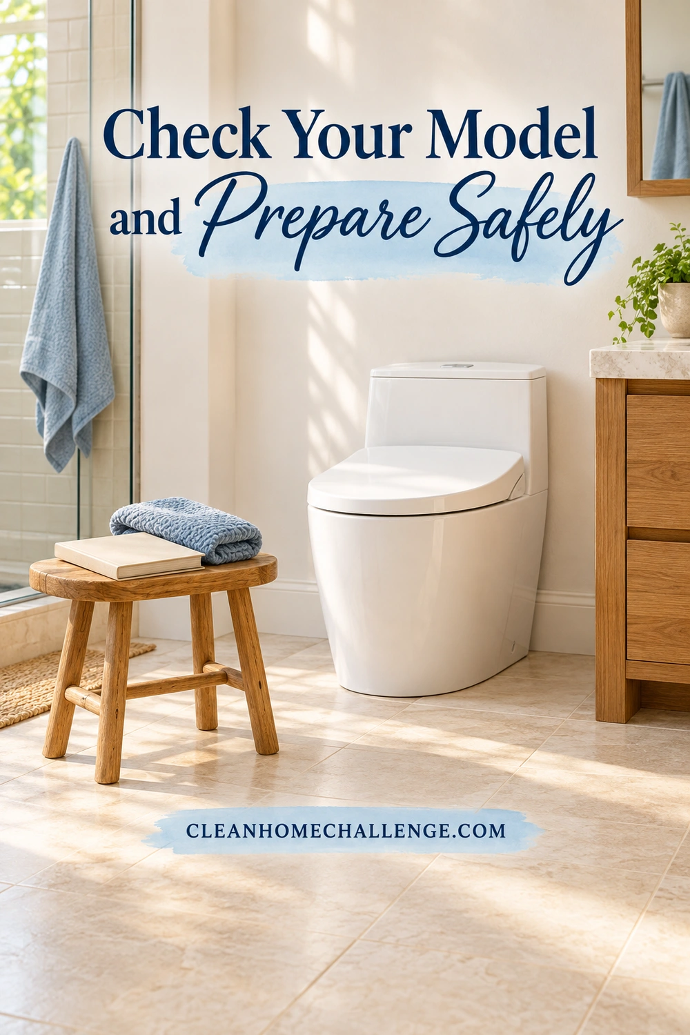 A closed manual and folded blue cloth sit on a wood stool beside a white toilet.