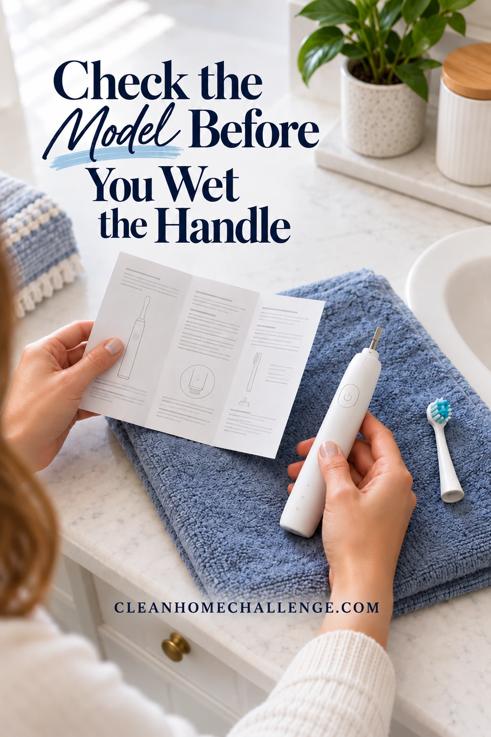 Hands hold an electric toothbrush handle and an instruction leaflet above a blue towel, with the detached brush head lying alongside.