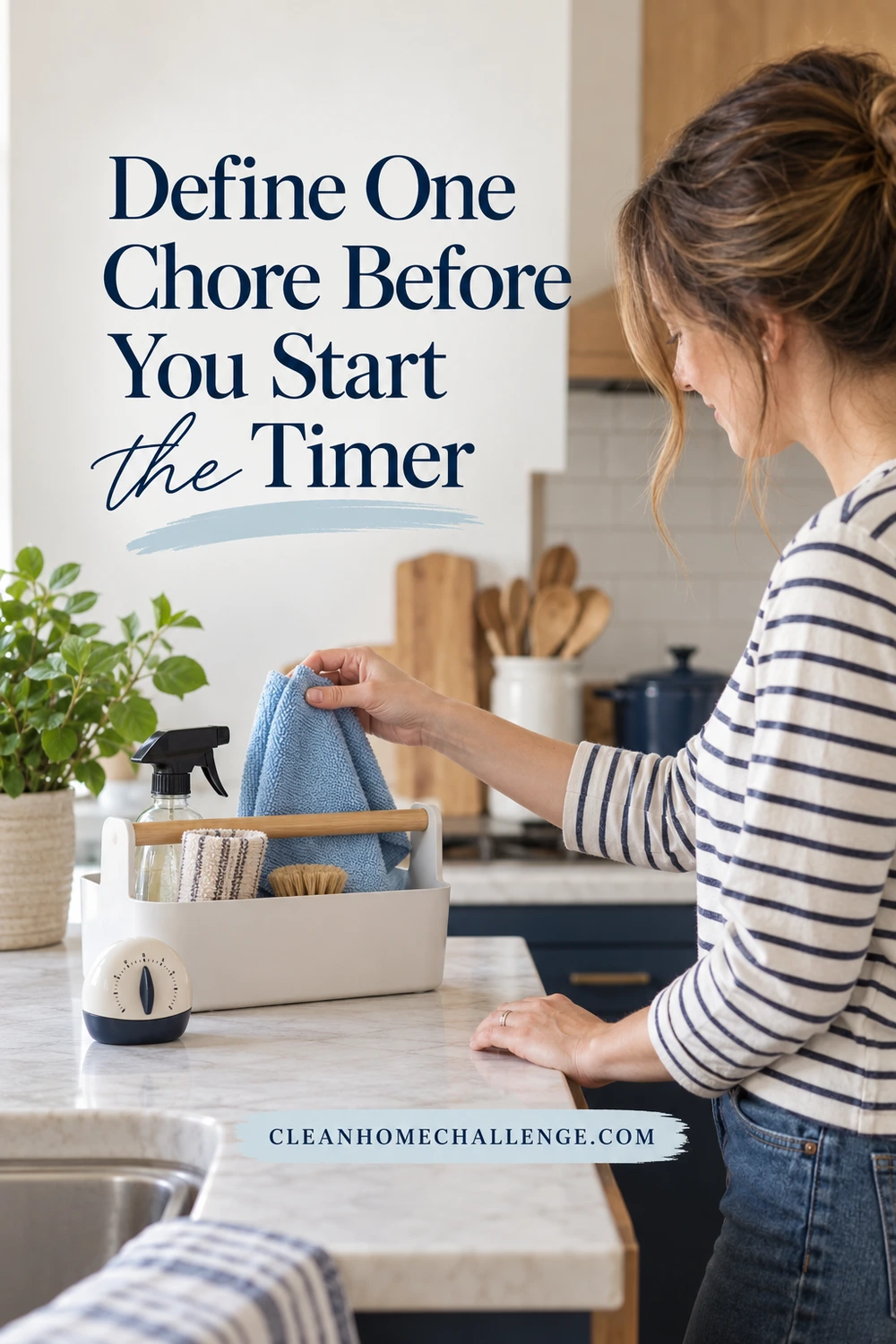 Woman choosing a blue microfiber cloth from a cleaning caddy beside a timer.