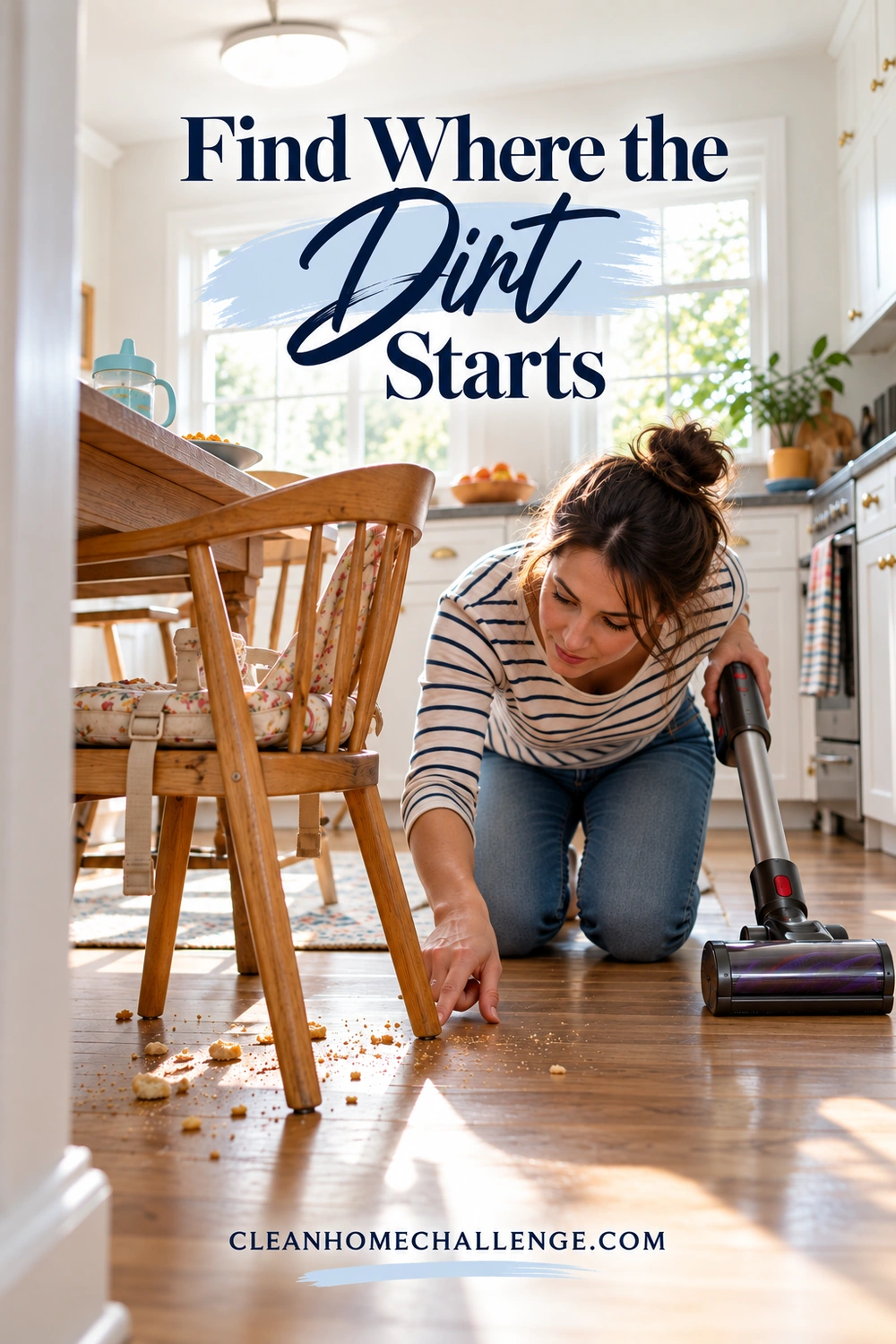 A woman points to dry crumbs beneath an eating chair with a vacuum beside her.
