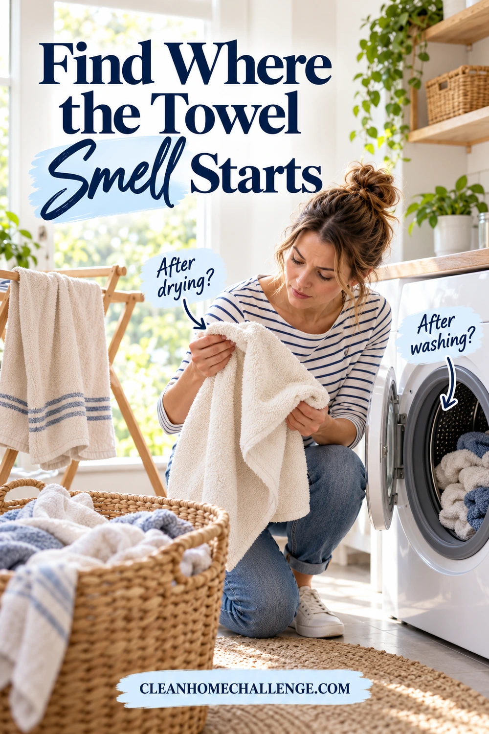 A woman in a striped shirt checks a cream towel beside an open washer, a wicker laundry basket, and a towel on a drying rack.