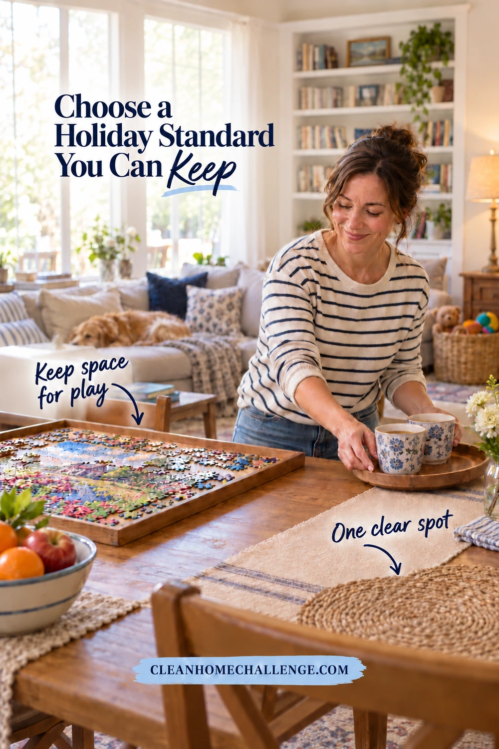 A woman sets floral mugs on a tray beside an unfinished jigsaw and a clear placemat on a family dining table.