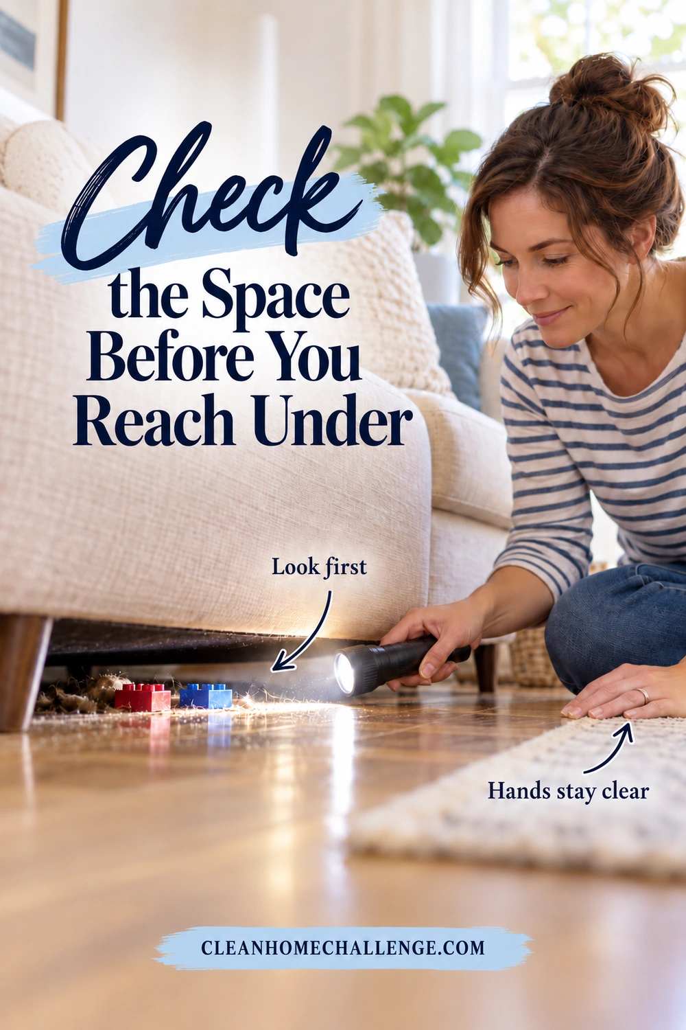 A woman shines a flashlight at toy blocks and dust beneath a sofa while keeping both hands outside the gap.