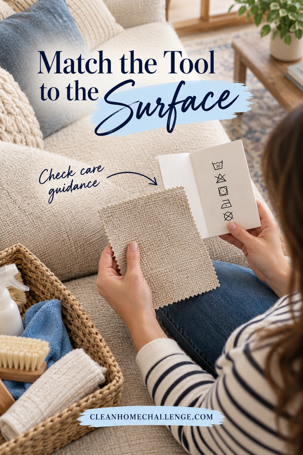 Hands hold a beige upholstery sample beside a care-symbol booklet over a woven sofa, with cleaning supplies in a basket.