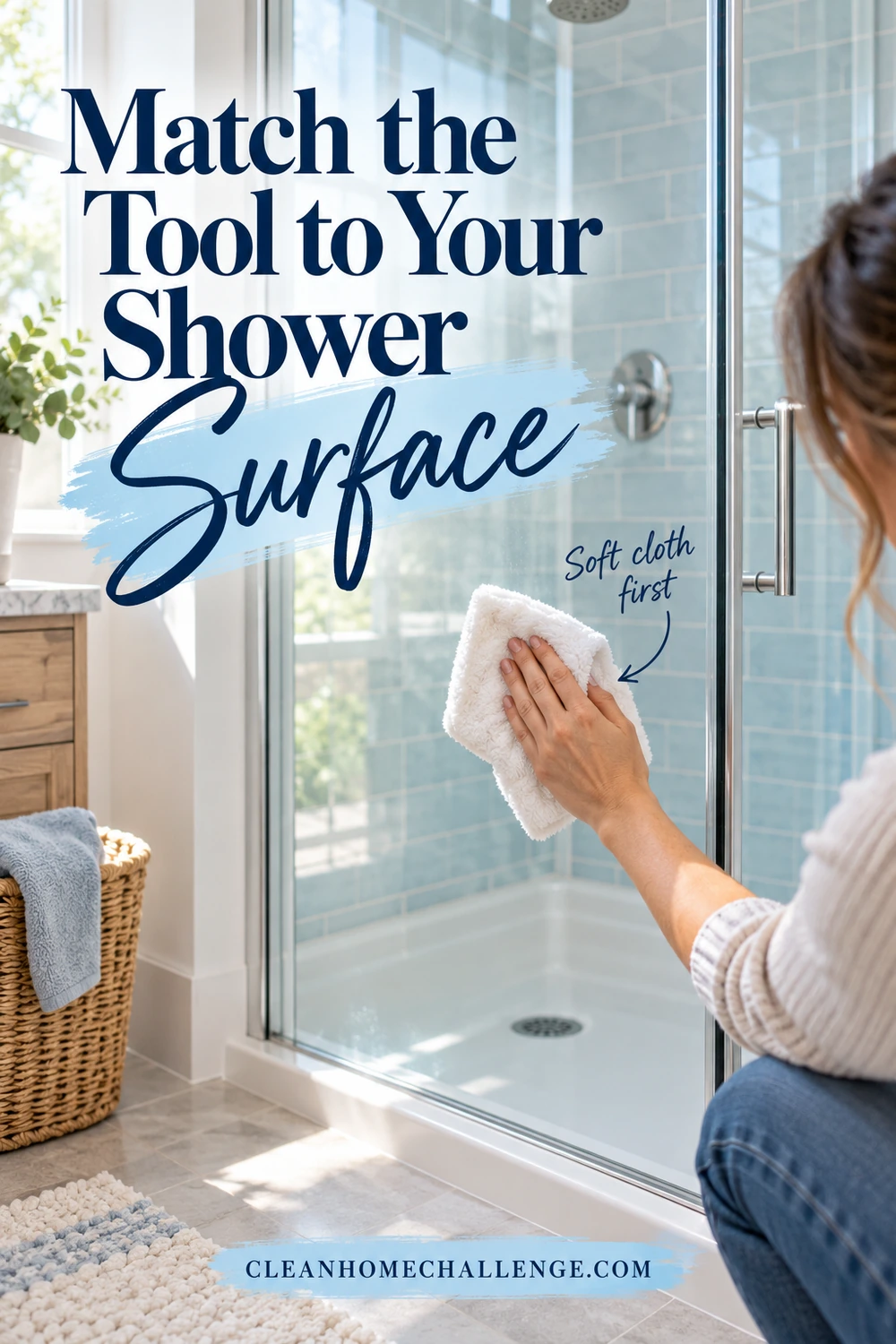 A woman in a cream sweater wipes a glass shower door with a white cloth; blue tile and a white shower base are visible behind it.