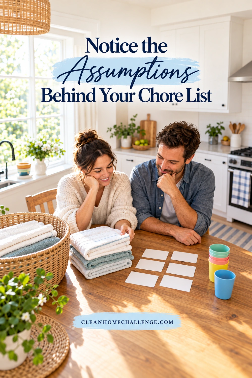 Two adults look at blank task cards beside folded towels and colorful cups on a kitchen table.