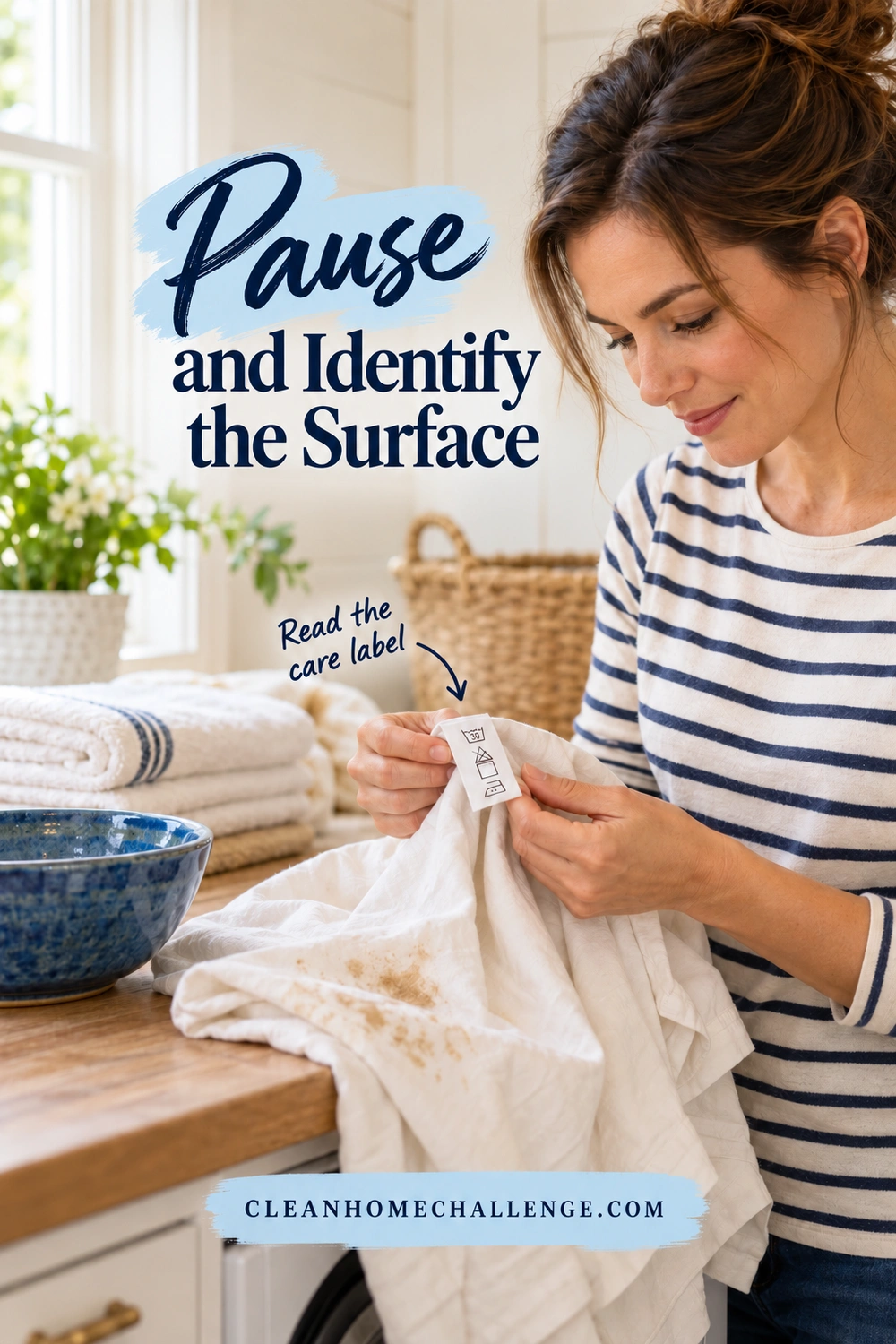 A woman in a striped shirt reads a care tag inside a stained cream shirt at a laundry counter beside folded cloths and a blue bowl.
