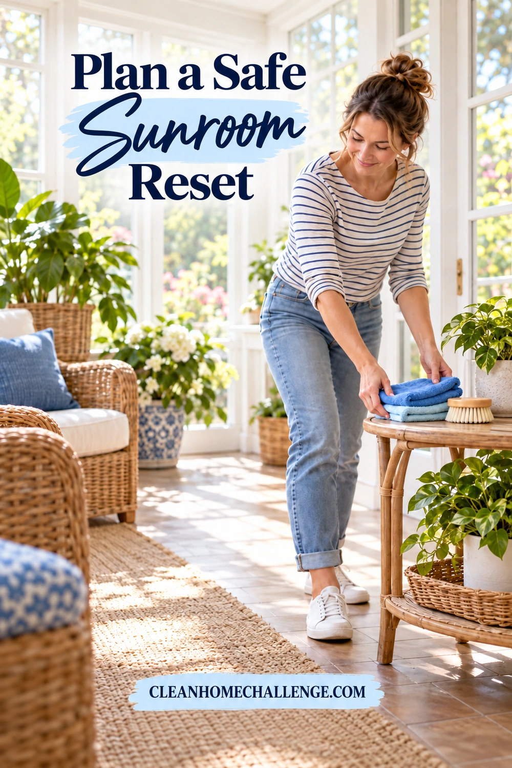 A woman sets folded cloths and a soft brush on a small sunroom table beside a clear walking route.