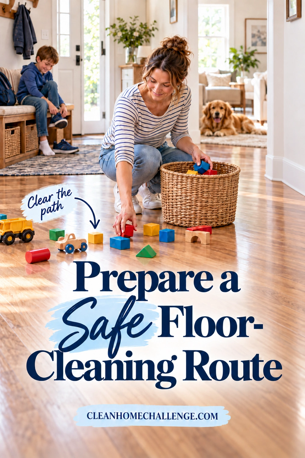 A mother picks up blocks beside a toy basket; a boy sits on the entry bench and a dog rests in the adjoining room.