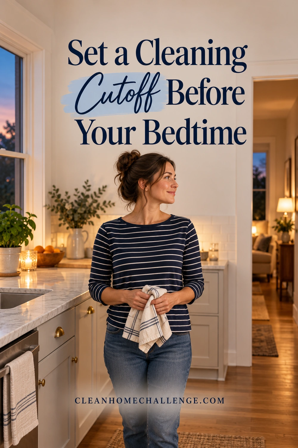 Woman holding folded towel in dusk kitchen, turning toward hallway.